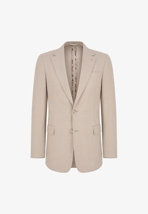 Beżowa marynarka męska jedno guzika z dwoma guzikami, klapami, kieszeniami na klapki oraz wzorzystą podszewką, zaprezentowana na białym tle.