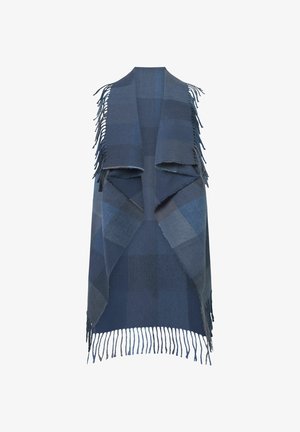 Dunkelblaues kariertes Poncho mit fransensaum, das verschiedene Blautöne in einem weichen, strukturierten Stoff und einem offenen Design aufweist.