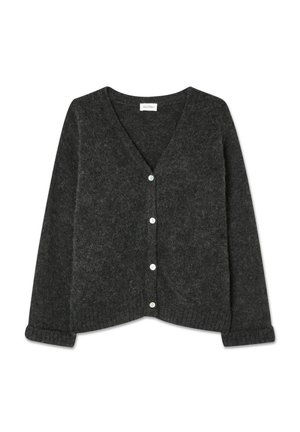 Dark gray knitted cardigan with a V-neck, five button closure, ribbed cuffs and hem, soft texture, and a relaxed fit.