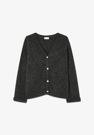 Cardigan de punto gris oscuro con escote en forma de V, cierre de cinco botones, puños y dobladillo acanalados, textura suave y un ajuste relajado.