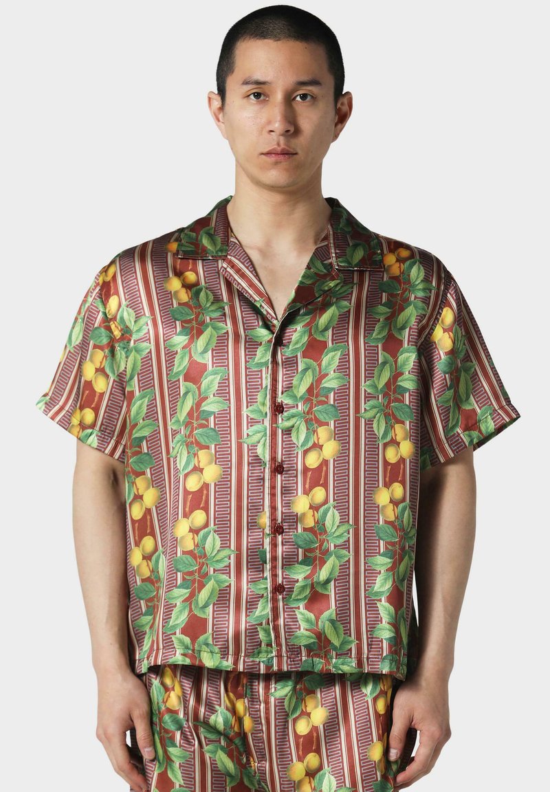 Korte mouwen shirt van glanzende stof met een citroen- en groene bladprint op een rode gestreepte achtergrond; voorzien van een kraag en knoopsluiting.