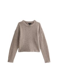 Jasnobrązowy sweter o kroju cropped, z długimi rękawami, okrągłym dekoltem i teksturowanym wzorem dzianiny. Charakteryzuje się luźnym krojem i miękkim materiałem.