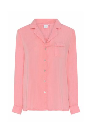Camicia a maniche lunghe rosa chiaro con colletto a scollatura, bottoni frontali, taschino sul petto e texture del tessuto morbido.