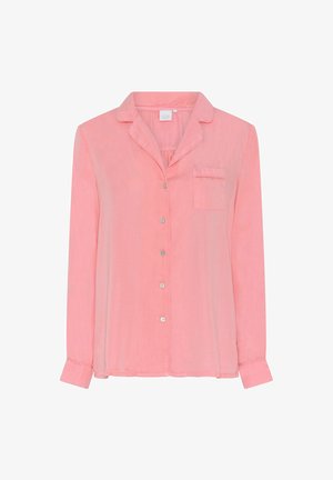 Light pink long-sleeve shirt with a notched collar, front buttons, single chest pocket, and soft fabric texture.