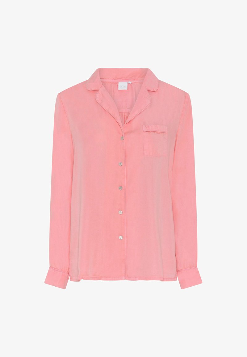 Jasnoróżowa koszula z długim rękawem, z wyciętym kołnierzykiem, z guzikami z przodu, pojedynczą kieszonką na piersi i miękką teksturą materiału.