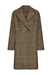 Płaszcz dwurzędowy w brązowo-zieloną kratę houndstooth. Posiada szerokie klapy oraz dekoracyjną broszkę na górnej prawej stronie. Średniej długości, prosty krój.