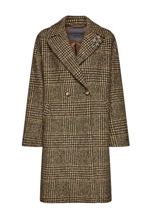 Doppelreihiger Mantel im braun-grünen Hahnentrittmuster. Verfügt über breite Revers und eine dekorative Brosche an der oberen rechten Seite. Mittellang, gerades Design.