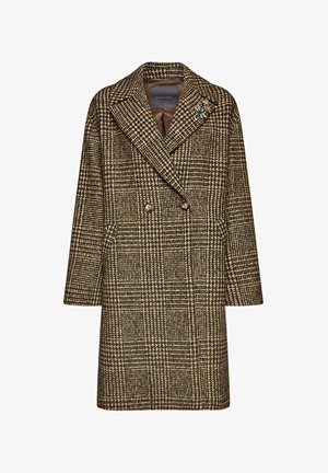 Abrigo de doble botonadura en un patrón de pata de gallo marrón y verde. Cuenta con amplias solapas y un broche decorativo en la parte superior derecha. De longitud media y corte recto.