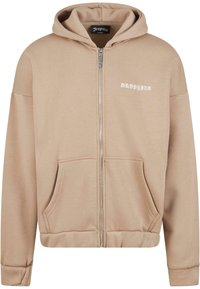 Hoodie zippé beige en mélange de coton doux, doté d'une capuche avec cordon de serrage, de poches avant et d'une broderie "DROPSIZE".