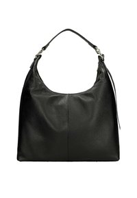 Borsa hobo in pelle nera con texture a piccole palline, forma curvata e una singola tracolla. Presenta una chiusura superiore con zip e minimi dettagli metallici.