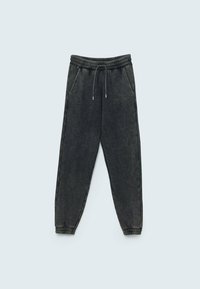 Dark grey sweatpants made of cotton blend, featuring an elastic waistband with drawstring, side pockets, and elastic cuffs.
