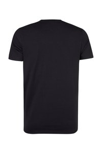 T-shirt noir à manches courtes avec un col rond classique. Confectionné en tissu doux et lisse, avec un dos sans coutures et sans motifs visibles.