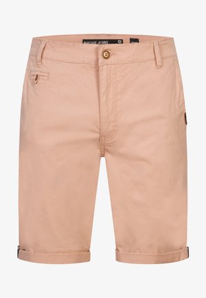 Pantaloncini chino da uomo di colore rosa chiaro con chiusura a bottone, passanti per cintura, piccola tasca frontale e orli risvoltati.