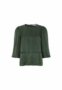Mörkgrön blus med rund halsringning, trekvartslånga puffärmar och vertikala sömmar; tillverkad av ett mjukt, lätt tyg.