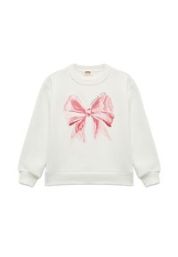 Witte sweatshirt met een grote, aquarel-stijl roze strikafbeelding met de tekst "SPARKLE TIME" boven de strik. Geribde manchetten en onderrand.