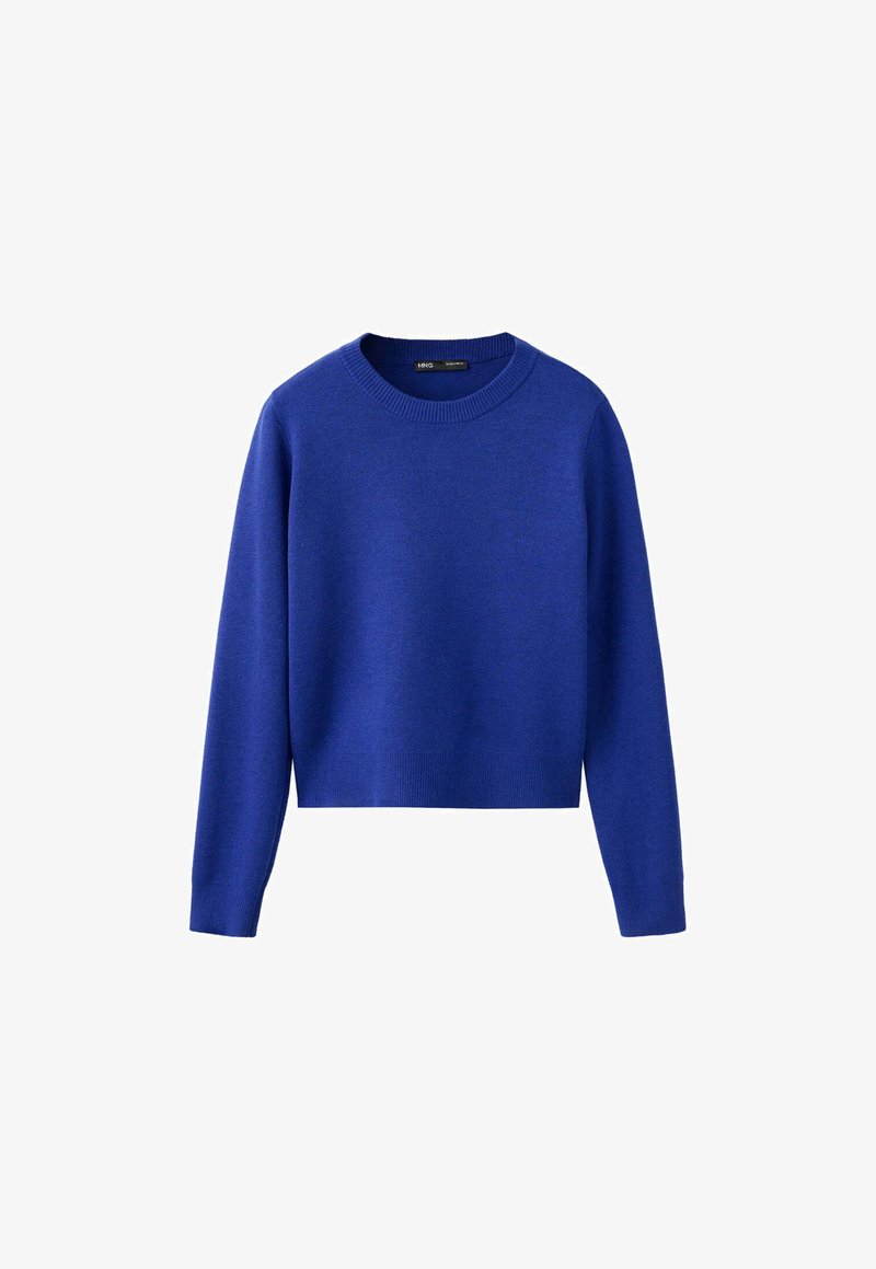 Pull bleu en tricot à manches longues avec col rond, poignets et ourlet côtelés, présenté à plat sur fond blanc.