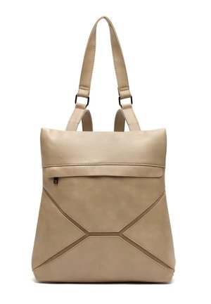 Bolso tote de cuero beige con doble asa, bolsillo frontal con cremallera y diseño de paneles geométricos cosidos.