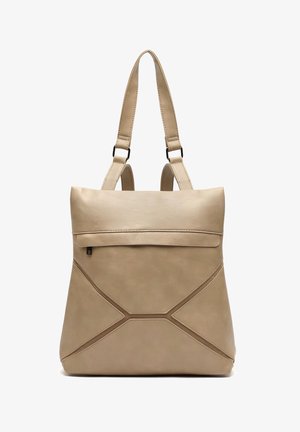 Beige leather tote bag with double straps, front zipper pocket, and geometric stitched panel design.