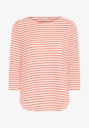 Rød og hvid stribet langærmet top med rund halsudskæring. Blødt stof med jævnt fordelte prikmønstre overfladen.