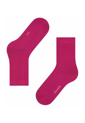 Helle rosa Baumwollsocken mit einer glatten Textur, ausgestattet mit einem gerippten Bündchen und dem aufgedruckten "FALKE" an der Seite. Standard Design in Knöchelhöhe.