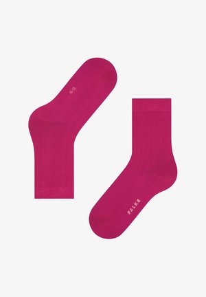 Helle rosa Baumwollsocken mit einer glatten Textur, ausgestattet mit einem gerippten Bündchen und dem aufgedruckten "FALKE" an der Seite. Standard Design in Knöchelhöhe.
