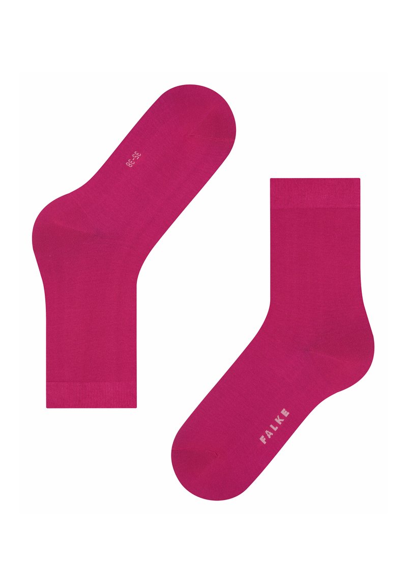 Helle rosa Baumwollsocken mit einer glatten Textur, ausgestattet mit einem gerippten Bündchen und dem aufgedruckten "FALKE" an der Seite. Standard Design in Knöchelhöhe.