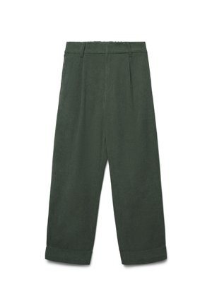 Dunkelgrüne Cordhosen mit hoher Taille, Falten, Gürtelschlaufen und umgeschlagenen Säumen, flach auf einem weißen Hintergrund ausgelegt.