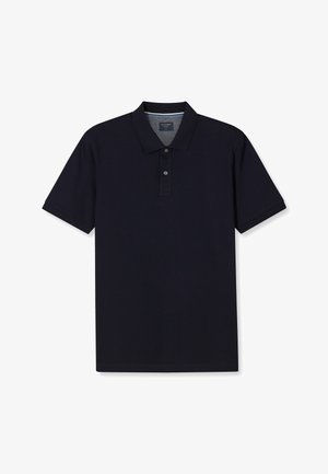 Men's short-sleeve black polo shirt with two buttons and a collar, shown flat on a white background.