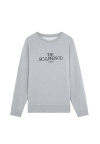 Gray sweatshirt made of cotton with a round neckline, long sleeves, and ribbed cuffs. Features black text: "THE SCALPERS CO. ATELIER."