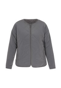Grau gesteppte Jacke mit Reißverschluss vorne, rundem Halsausschnitt und weicher Innenauskleidung. Mit langen Ärmeln und einem lässigen Schnitt gestaltet.
