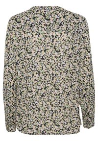 Blusa floreale a maniche lunghe con sfondo nero, fiori rosa, blu e verdi, tessuto morbido e vestibilità comoda con scollatura rotonda.