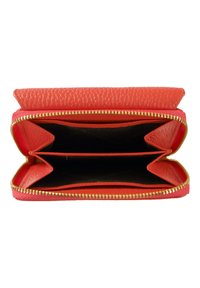 Red leather wallet with a textured finish, featuring a gold zipper. Interior has two compartments and a smooth, dark lining.