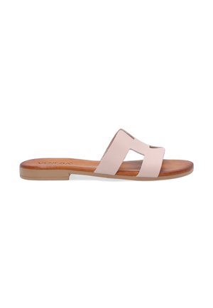 Pink slide sandal featuring two wide straps with cut-out design, a wooden footbed, and a light tan rubber sole.
