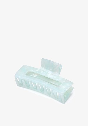 Clip per capelli in acrilico trasparente di colore verde menta chiaro, superficie liscia, forma ovale allungata e numerose aperture per afferrare i capelli in modo sicuro.