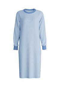 Helles blaues Kleid mit einem strukturierten Muster, Rundhalsausschnitt und langen Ärmeln mit einfarbigen blauen Bündchen. Gerade Form, knielang.