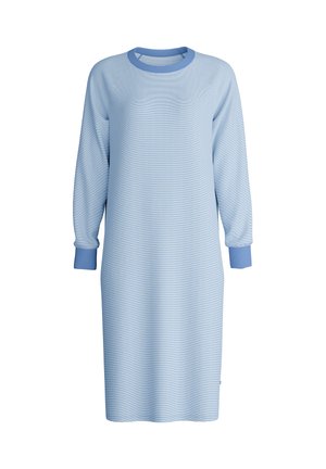 Lichtblauwe jurk met een gestructureerd patroon, ronde halslijn en lange mouwen met effen blauwe manchetten. Rechte vorm, knie-lengte.