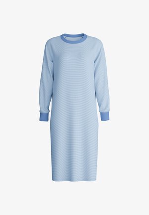 Helles blaues Kleid mit einem strukturierten Muster, Rundhalsausschnitt und langen Ärmeln mit einfarbigen blauen Bündchen. Gerade Form, knielang.