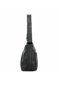 Schwarze Ledertasche mit strukturierter Oberfläche, schlankem Profil und einem einzelnen Schultergurt. Verfügt über ein minimalistisches Design.