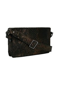 Borsa a tracolla in pelle nera e bronzo con motivo a serpente, dotata di tracolla regolabile e dettaglio in metallo a morsetto. Forma rettangolare, superficie testurizzata.