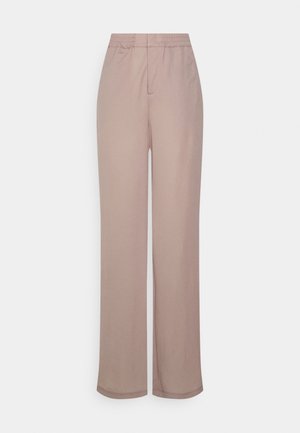 Pantalon beige à jambes droites avec ceinture élastique et détail de couture avant, présenté sur un fond blanc uni.