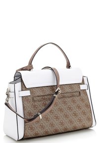 Bruine leren handtas met een patroon en witte accenten, gestructureerd ontwerp, bovenhandvat en verstelbare schouderband. Zilveren hardware details.