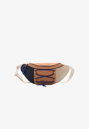 Fanny pack made of mixed materials; features tan, navy, and off-white colors, zip closure, and blue cord accents for added detail.