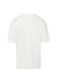 Weißes Baumwoll-T-Shirt, kurze Ärmel, Rundhals, lockere Passform. Glatte Textur, einfaches Design, keine Grafiken oder Verzierungen.