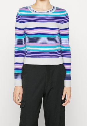 Personne portant un pull ajusté à manches longues avec des rayures horizontales en bleu, violet, rose, turquoise et blanc, associé à un pantalon noir.