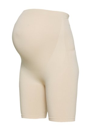 Shorts de maternité beiges en tissu extensible, avec une taille haute et des jambes courtes, dotés d'un design lisse et sans couture pour plus de confort.