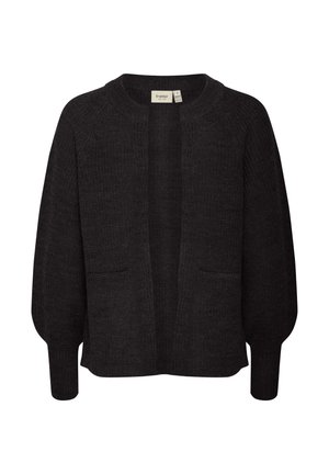 Zwarte gebreide cardigan met een ronde halslijn, open voorkant en twee voorzakken. Heeft ballonmouwen en een textuurstof.