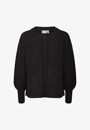 Zwarte gebreide cardigan met een ronde halslijn, open voorkant en twee voorzakken. Heeft ballonmouwen en een textuurstof.