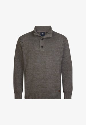 Brauner gestrickter Pullover mit geripptem Kragen, Bündchen, Saum und zwei Knopfverschlüssen am Hals.