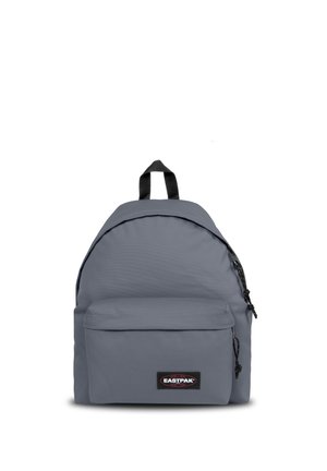 Gray backpack made of durable fabric, featuring a rounded shape, front zip pocket, and black accents, with a top carry handle.