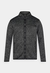 Γκρι πλεκτό μπουφάν με γιακά στέκας, πλήρες εμπρόσθιο φερμουάρ, τσέπη στήθους με φερμουάρ και δύο πλαϊνές τσέπες. Μαύρες λεπτομέρειες ενισχύουν το σχέδιο.